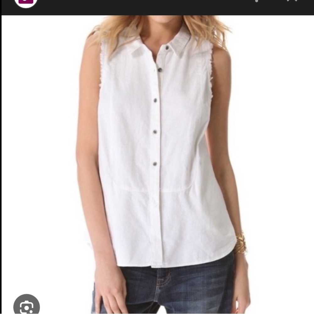Free People linen-blend sleeveless button-down shirt with frayed edges.